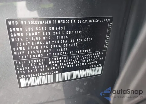 2019 Volkswagen Tiguan 2.0T Se/2.0T Sel/2.0T Sel R-Line/2.0T Sel R-Line Black из США, поврежденный, VIN 3VV2B7AX3KM050240